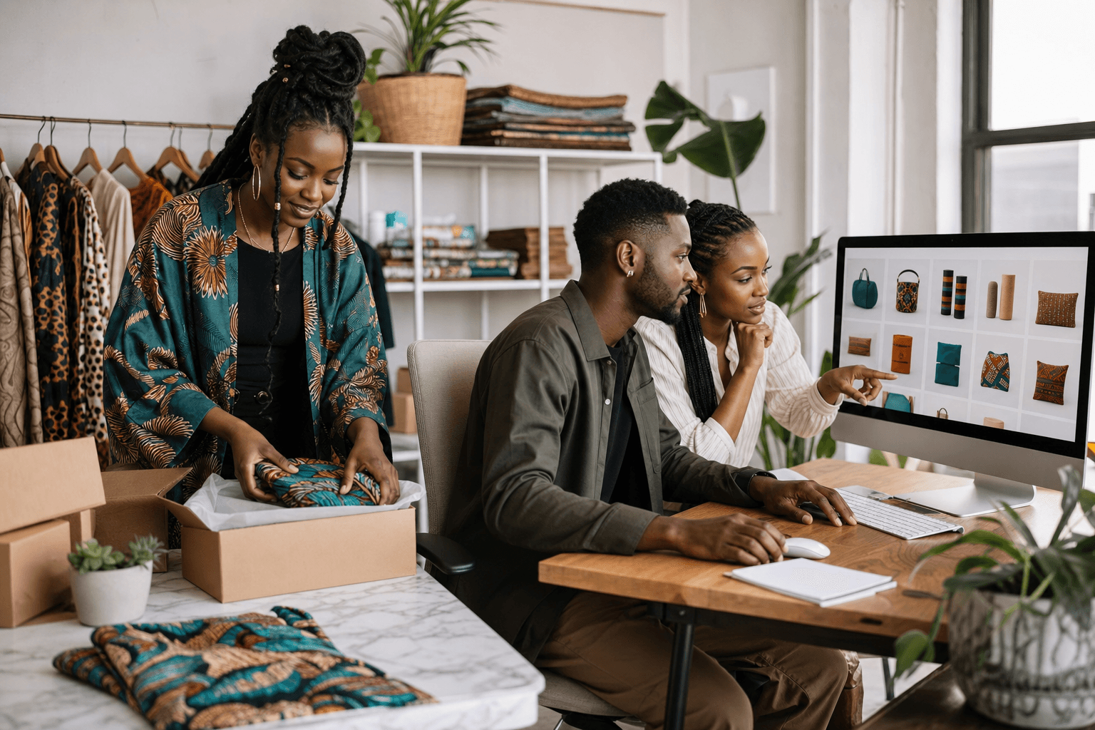 Three African-American E-Commerce Entrepreneurs in a Modern Commerce Studio