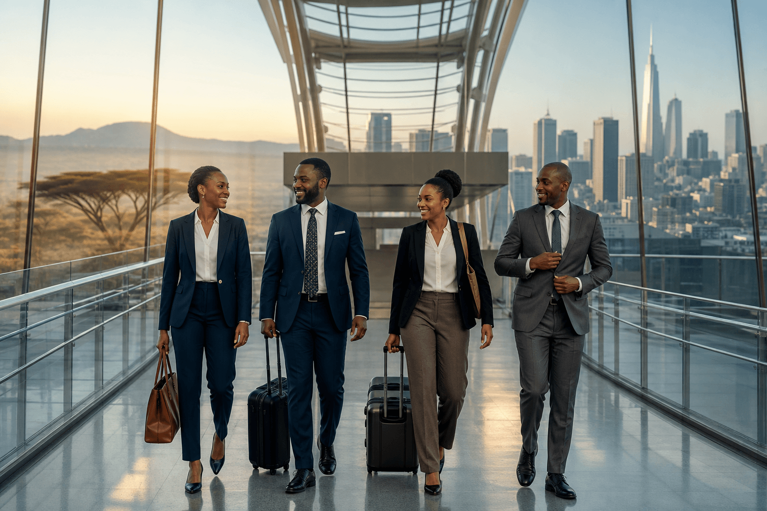 Four African and African-American professionals traveling between continents
