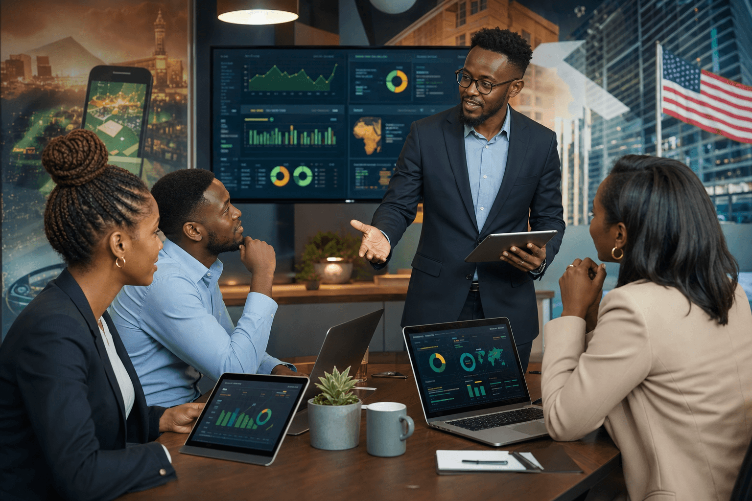 Four African-American FinTech Professionals Reviewing Payment Dashboards