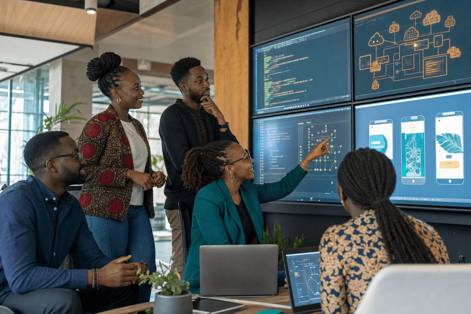 Five African and African-American ICT Professionals Collaborating in a Modern Tech Hub