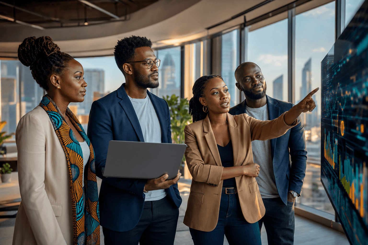 Four African and African-American technology professionals in a modern glass workspace